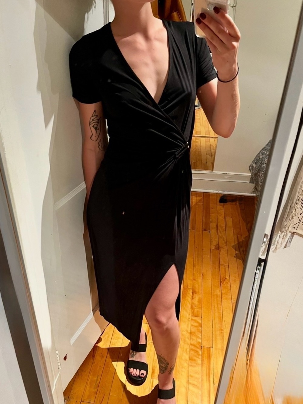 Heartloom Black V-Neck Midi Wrap Jersey Dress with Side Slit